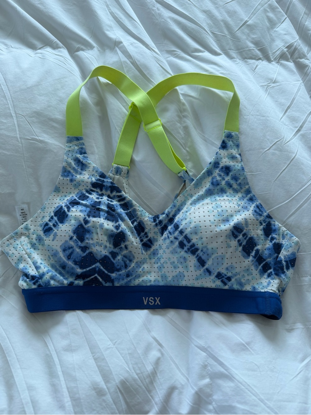 Victoria's Secret Blue Tie-Dye Sports Bra with Neon Yellow Straps